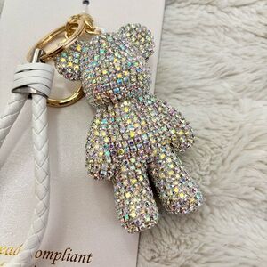 Crystal Teddy Bear Keychain Handbag Purse Charm with White Braided Strap